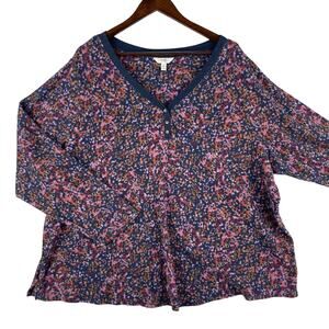 Terra & Sky Womens Plus 4X Waffle Knit Henley Thermal Top Navy Floral V-Neck